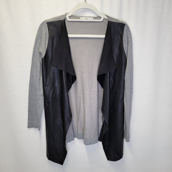 Zara Sweaters - Zara Knit Women's Medium Cardigan Sweater Black Gray Faux Leather